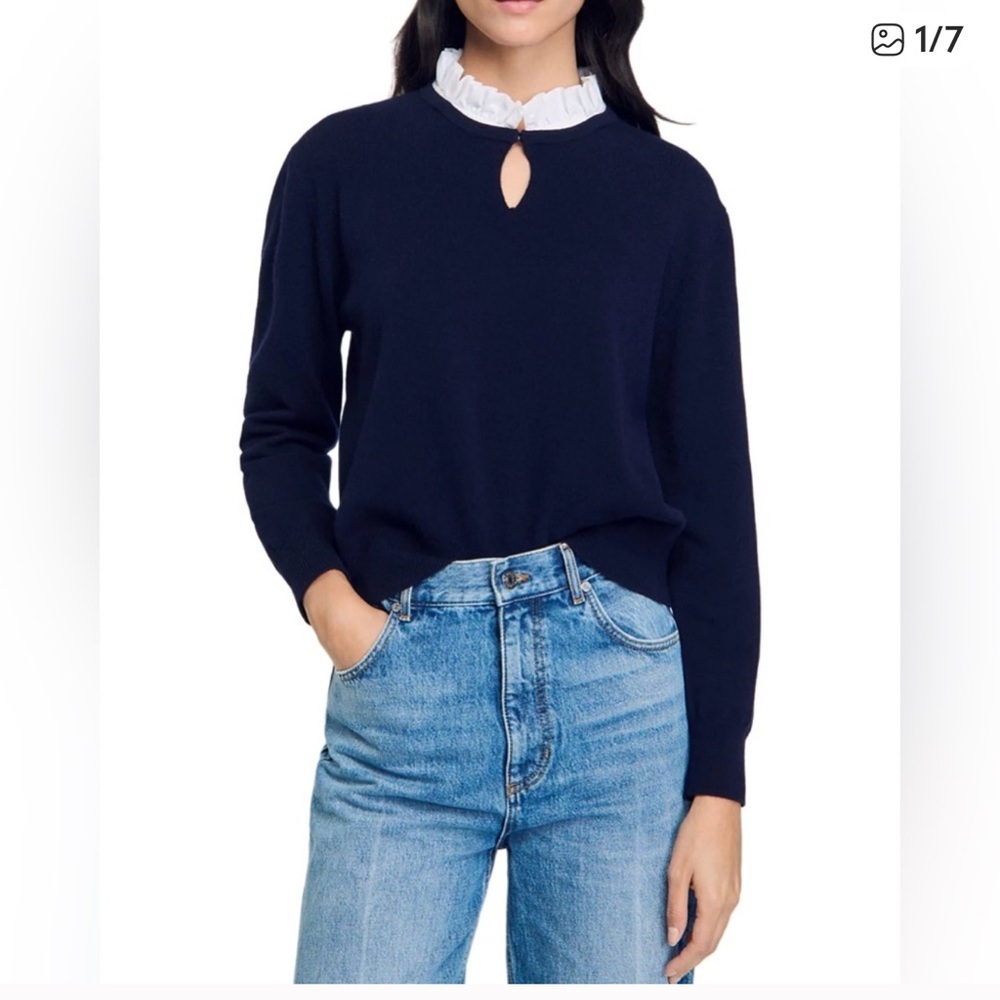 Sandro Beige Sweater with White Ruffle Detail